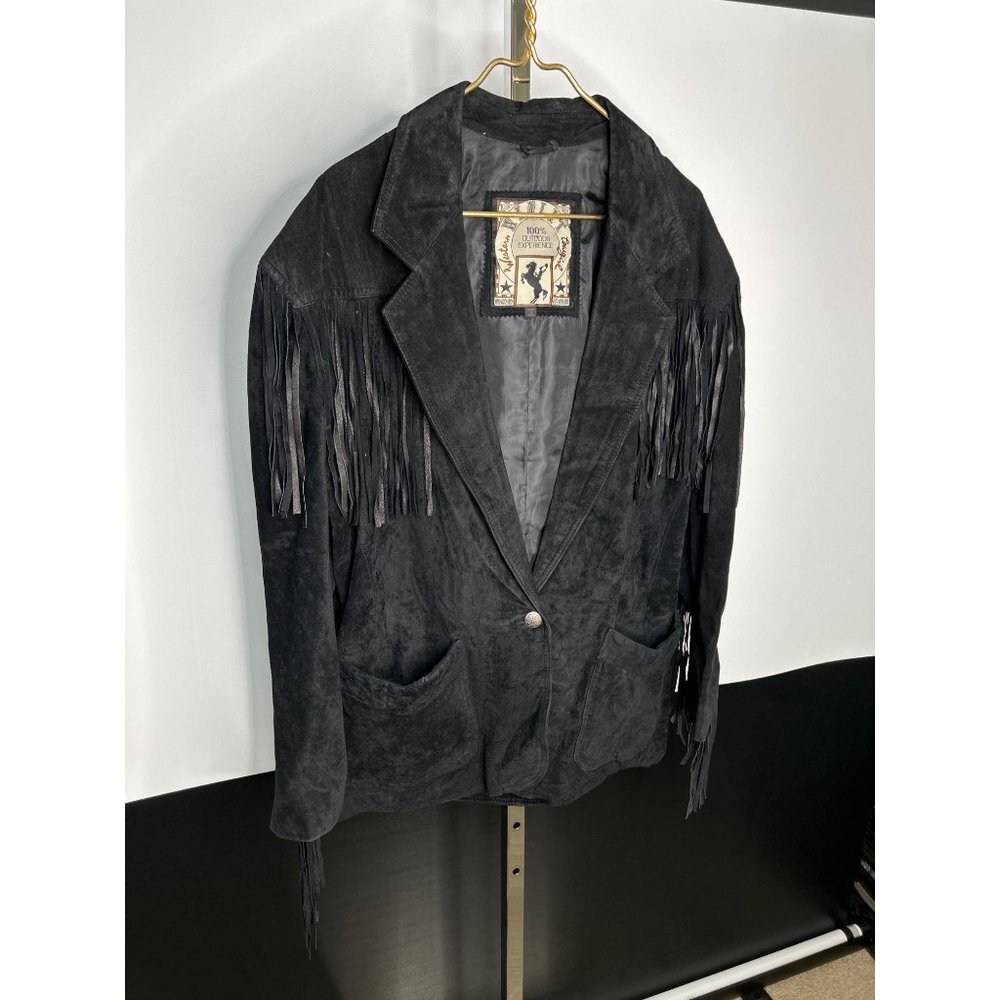 Western Cowgirl Vintage Womens Size Large Fringe Black Suede Jacket 100% Leather - Picture 2 of 11